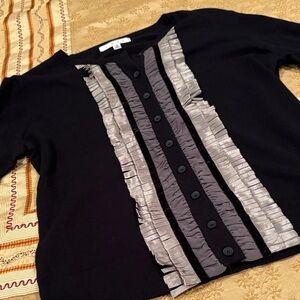 CAbi Black Cardigan with Gray Ruffle Accents, Cotton/Cashmere Blend, Washable, M